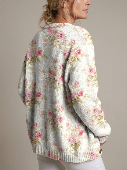 Kerensa | Cárdigan de Punto Vintage, Floral Rosa sobre Crudo