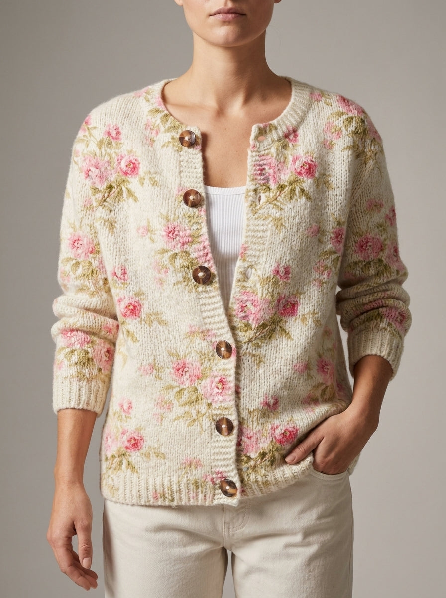 Kerensa | Cárdigan de Punto Vintage, Floral Rosa sobre Crudo