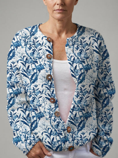 Tiverly | Cárdigan de Punto Vintage, Pájaros y Flores en Azul y Blanco