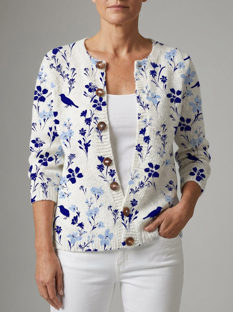 Vynora | Cárdigan de Punto Vintage, Pájaros y Flores en Azul Marino