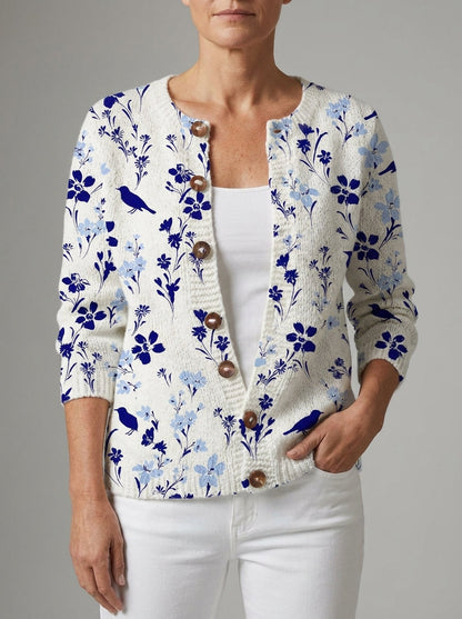 Vynora | Cárdigan de Punto Vintage, Pájaros y Flores en Azul Marino