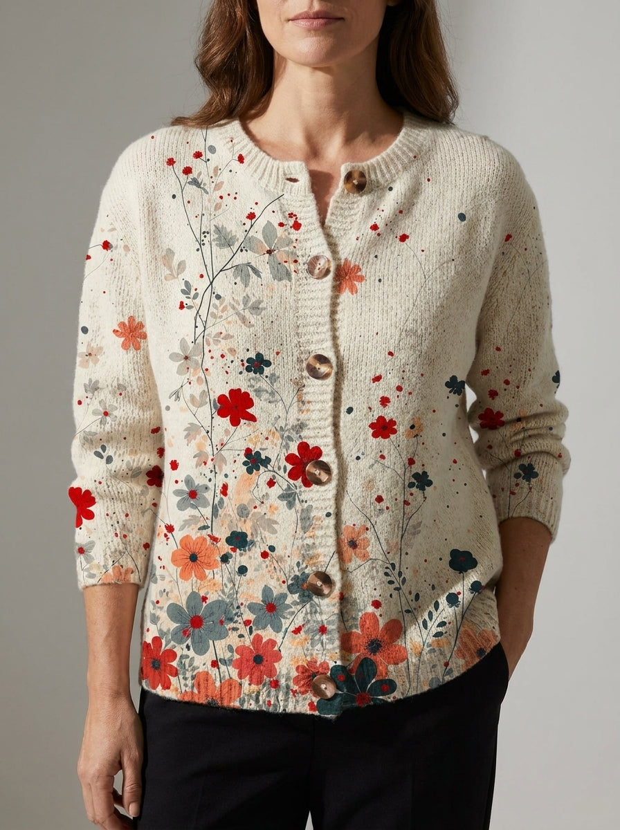 Sabrina | Cárdigan de Punto Vintage, Floral Rojo y Coral
