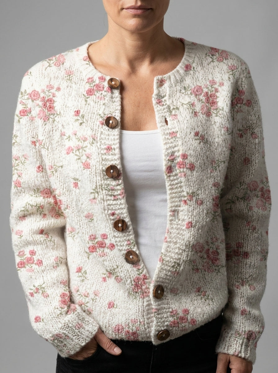 Evanthea | Cárdigan de Punto Vintage, Rosas sobre Crema