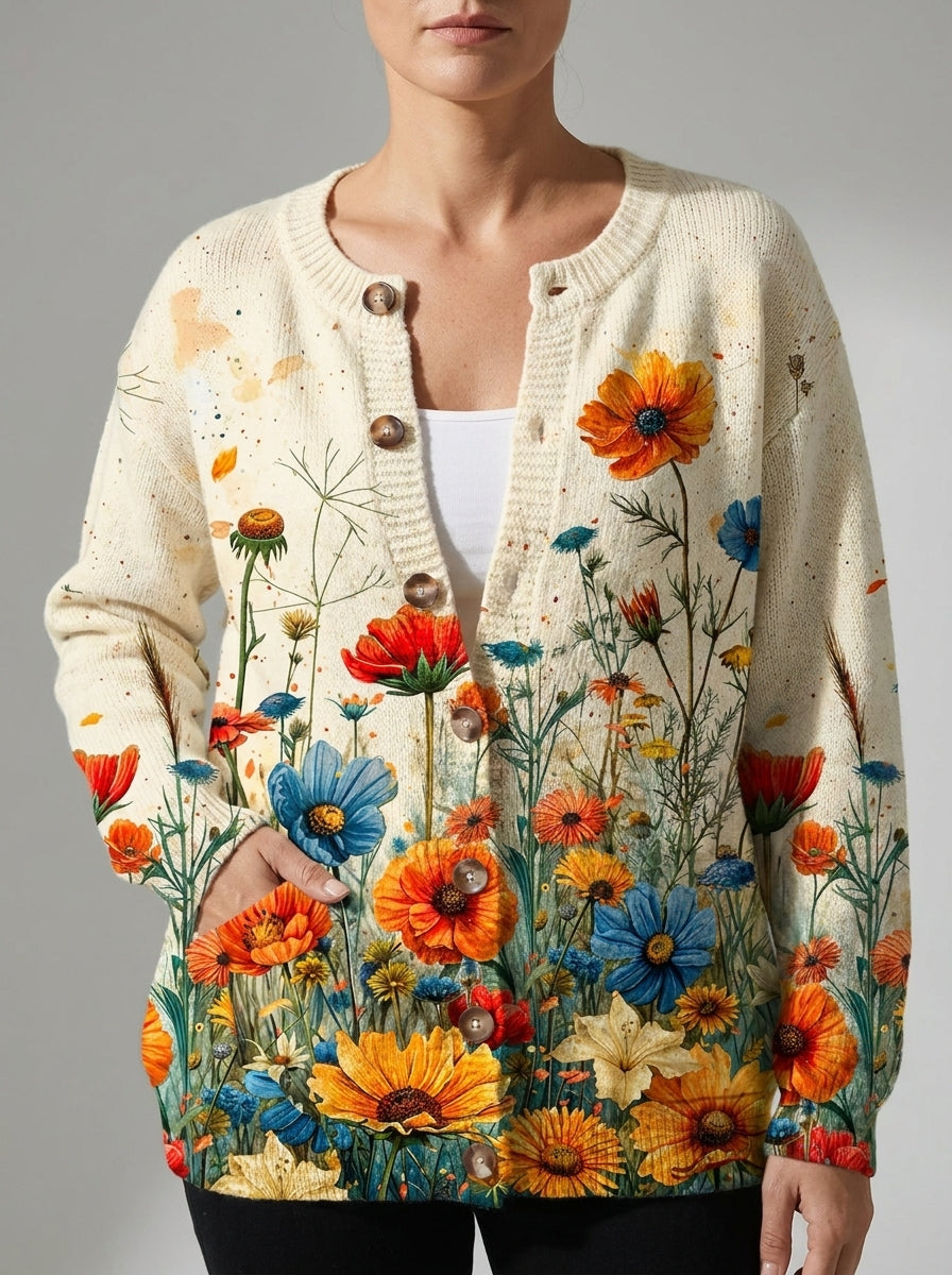 Tansy | Cárdigan de Punto Vintage, Flores Silvestres Multicolor