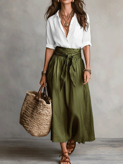 Camila | Conjunto Dos Piezas Camisa y Falda, Negro y Verde Oliva