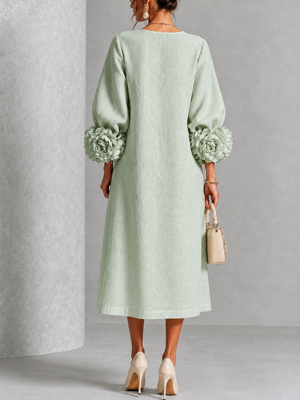 Vestido Midi Floral con Botones y Mangas Extravagantes