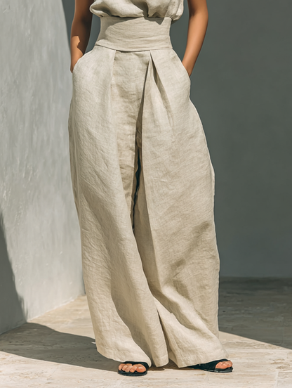Aurora | Conjunto de top sin mangas beige en mezcla efecto algodón-lino y pantalón de pierna ancha
