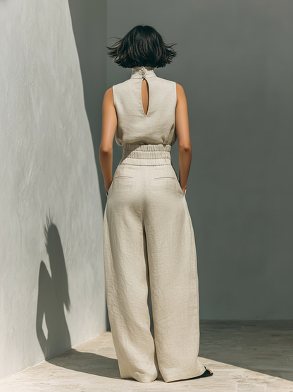 Aurora | Conjunto de top sin mangas beige en mezcla efecto algodón-lino y pantalón de pierna ancha