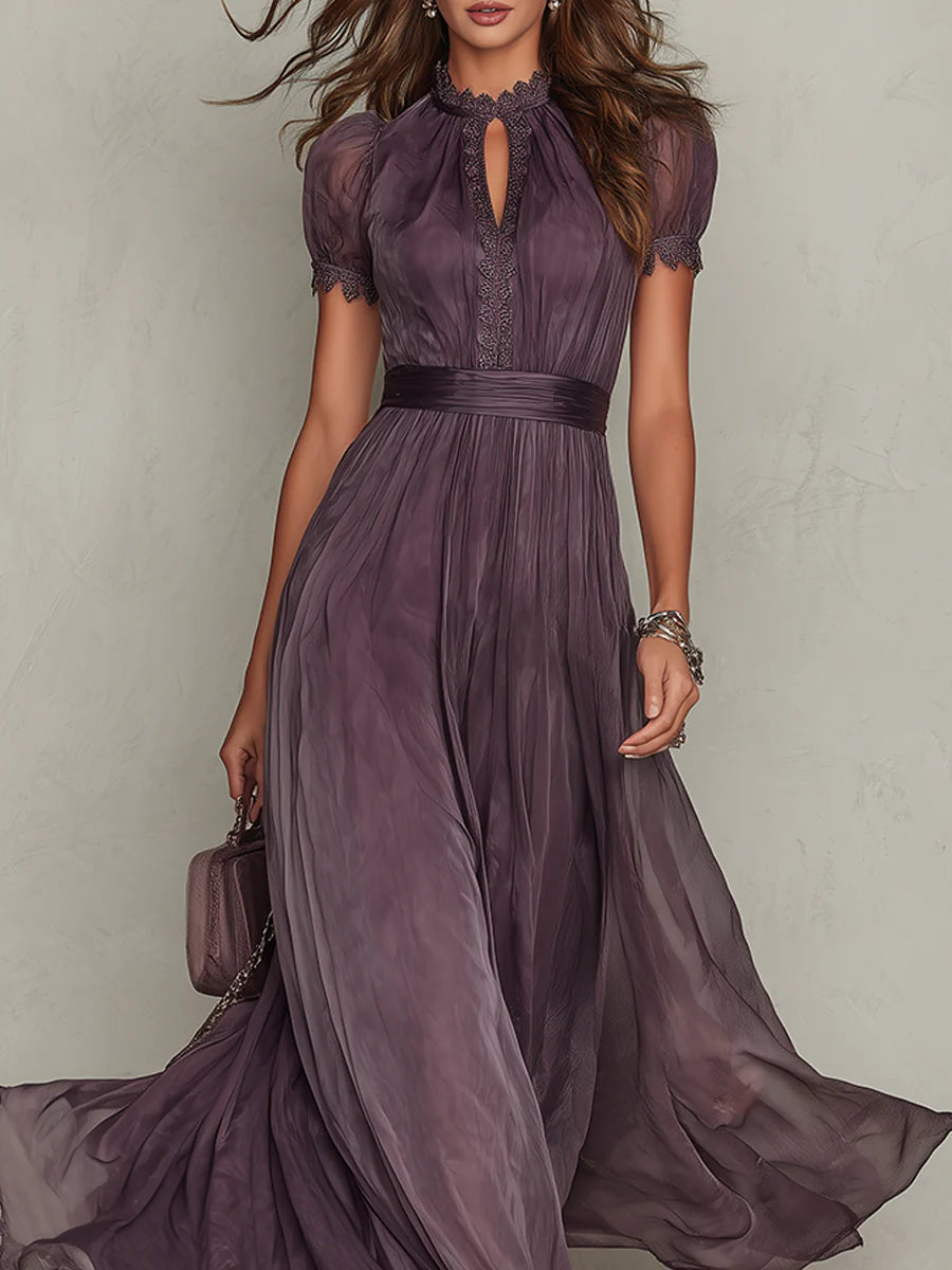 Vestido Maxi Morado con Ojal y Ribete de Encaje, Morado Amatista