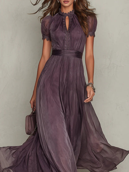 Vestido Maxi Morado con Ojal y Ribete de Encaje, Morado Amatista