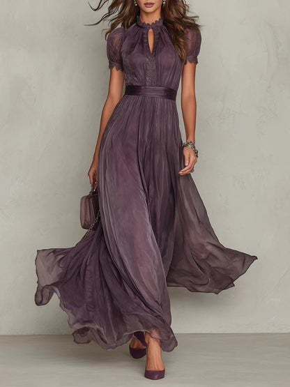 Vestido Maxi Morado con Ojal y Ribete de Encaje, Morado Amatista