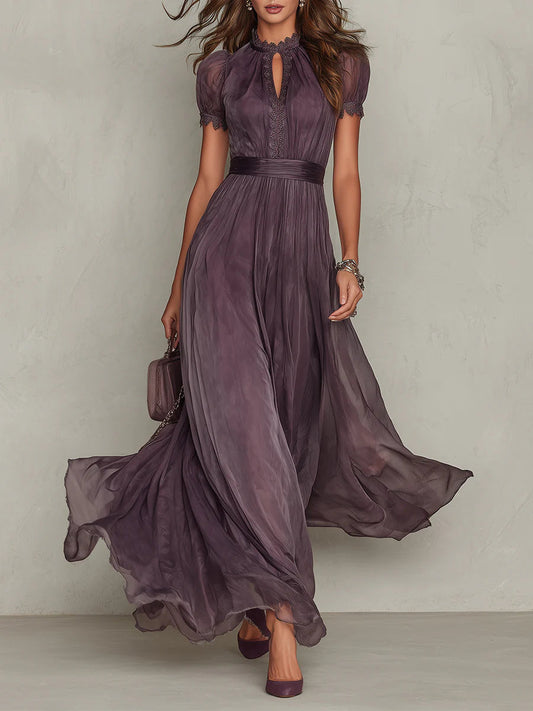 Vestido Maxi Morado con Ojal y Ribete de Encaje, Morado Amatista