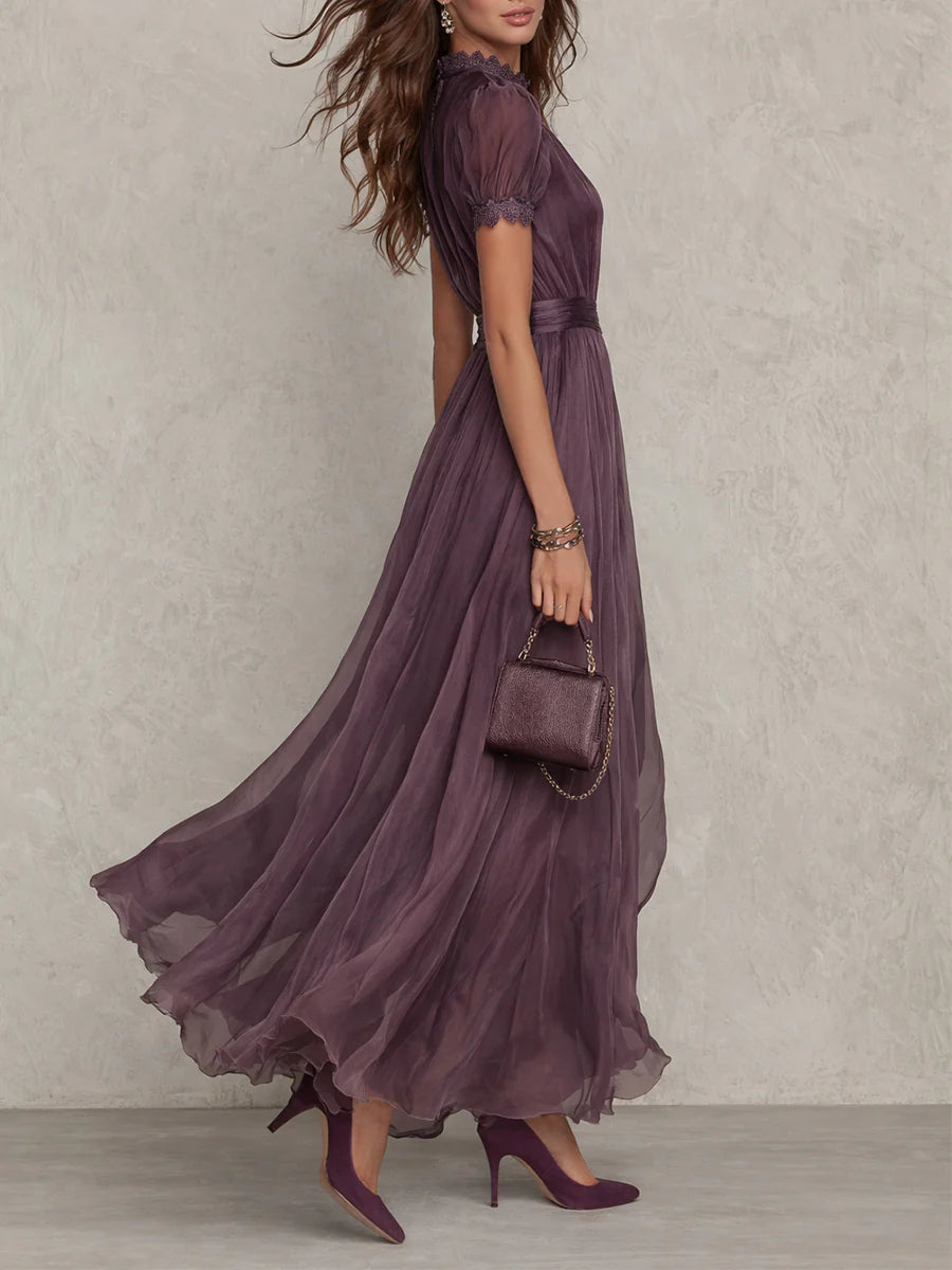 Vestido Maxi Morado con Ojal y Ribete de Encaje, Morado Amatista