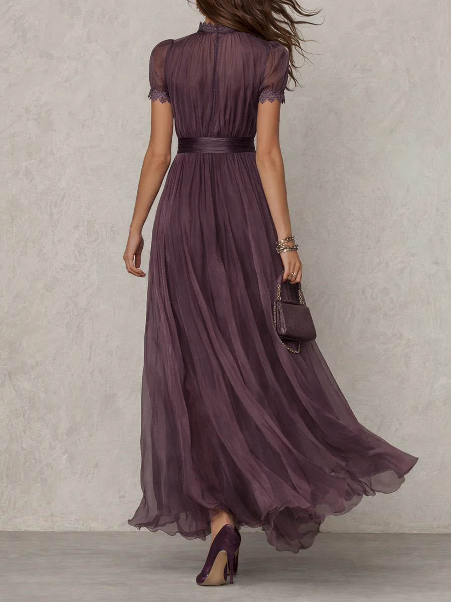 Vestido Maxi Morado con Ojal y Ribete de Encaje, Morado Amatista