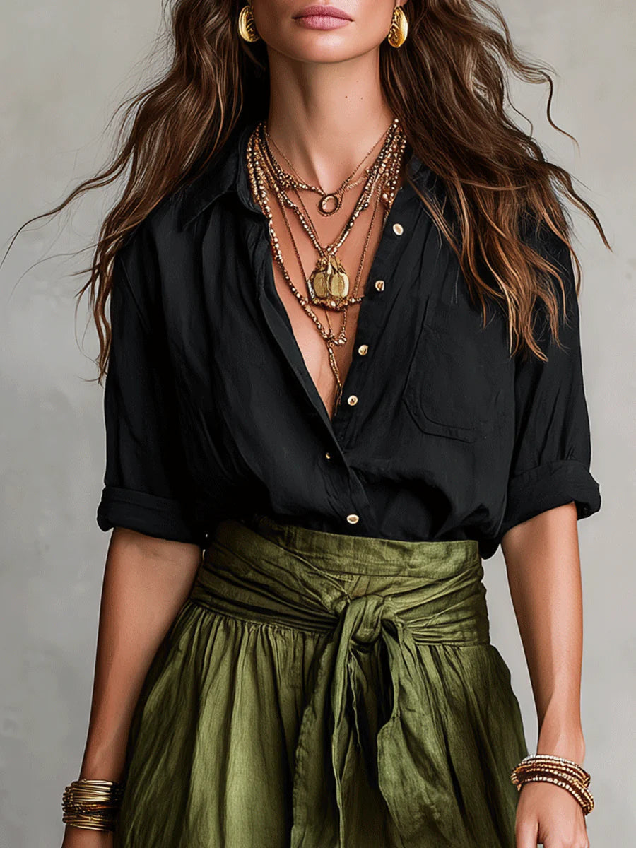 Camila | Conjunto Dos Piezas Camisa y Falda, Negro y Verde Oliva