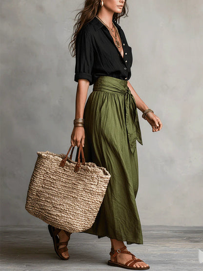 Camila | Conjunto Dos Piezas Camisa y Falda, Negro y Verde Oliva