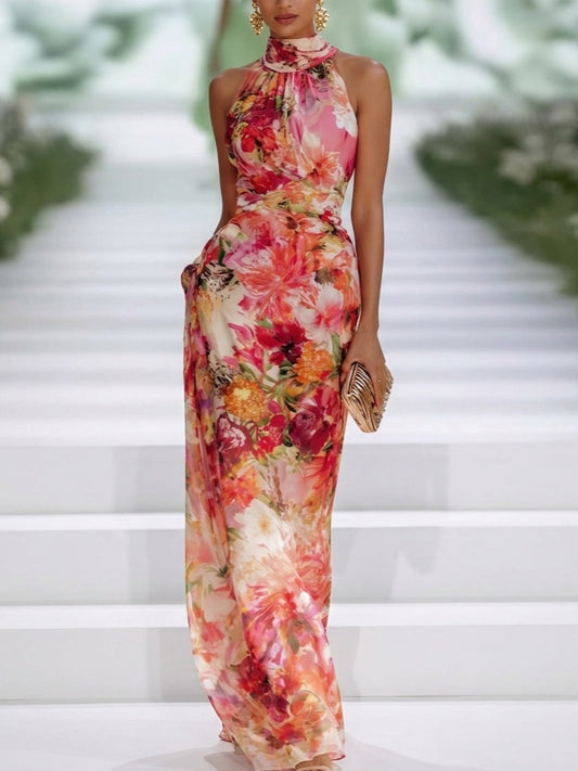 Vestido Maxi Rojo Floral de Cuello Halter, Rojo Tropical