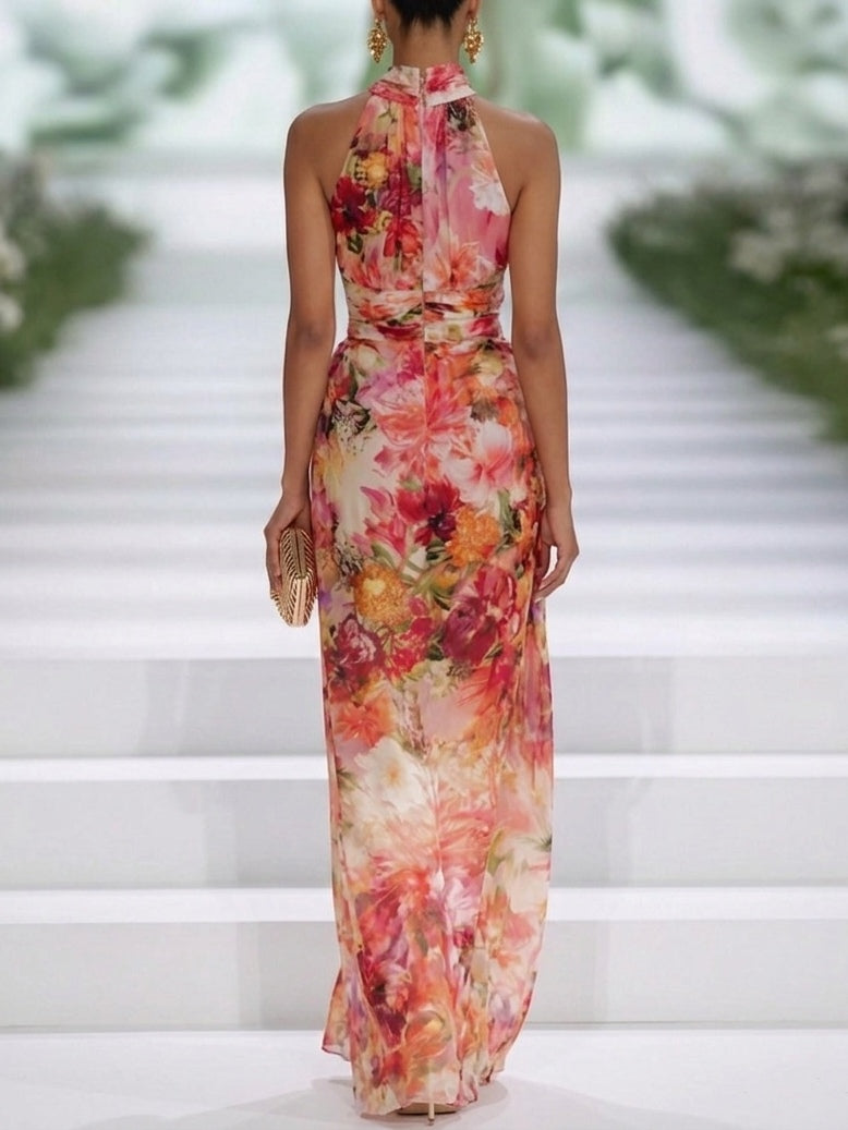 Vestido Maxi Rojo Floral de Cuello Halter, Rojo Tropical