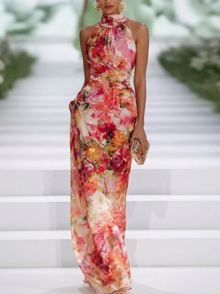 Vestido Maxi Rojo Floral de Cuello Halter, Rojo Tropical