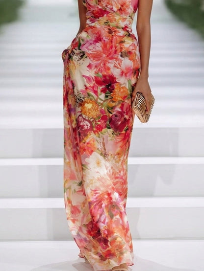 Vestido Maxi Rojo Floral de Cuello Halter, Rojo Tropical