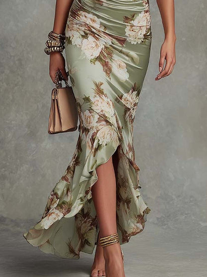 Anastasia | Vestido Largo de Satén con Estampado Floral, Verde Salvia