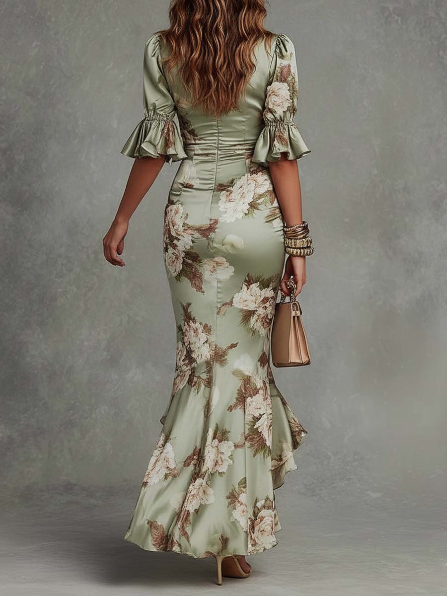 Anastasia | Vestido Largo de Satén con Estampado Floral, Verde Salvia