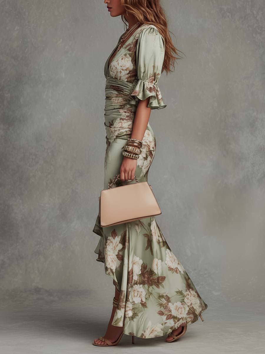 Anastasia | Vestido Largo de Satén con Estampado Floral, Verde Salvia