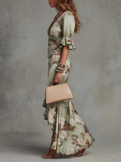 Anastasia | Vestido Largo de Satén con Estampado Floral, Verde Salvia