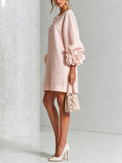 Noemi | Vestido Mini de Lino con Puños de Rosas, Rosa Palo