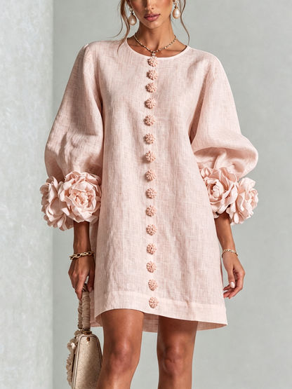 Noemi | Vestido Mini de Lino con Puños de Rosas, Rosa Palo