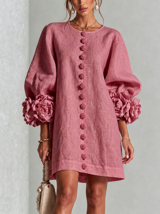 Alba | Vestido Mini de Lino con Puños de Rosas, Rosa Antiguo