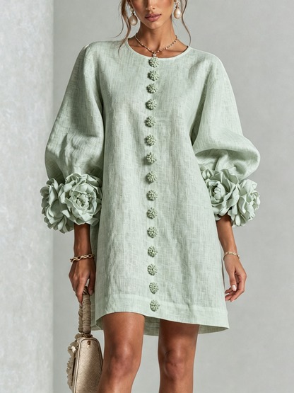 Delia | Vestido Mini de Lino con Puños de Rosas, Verde Salvia