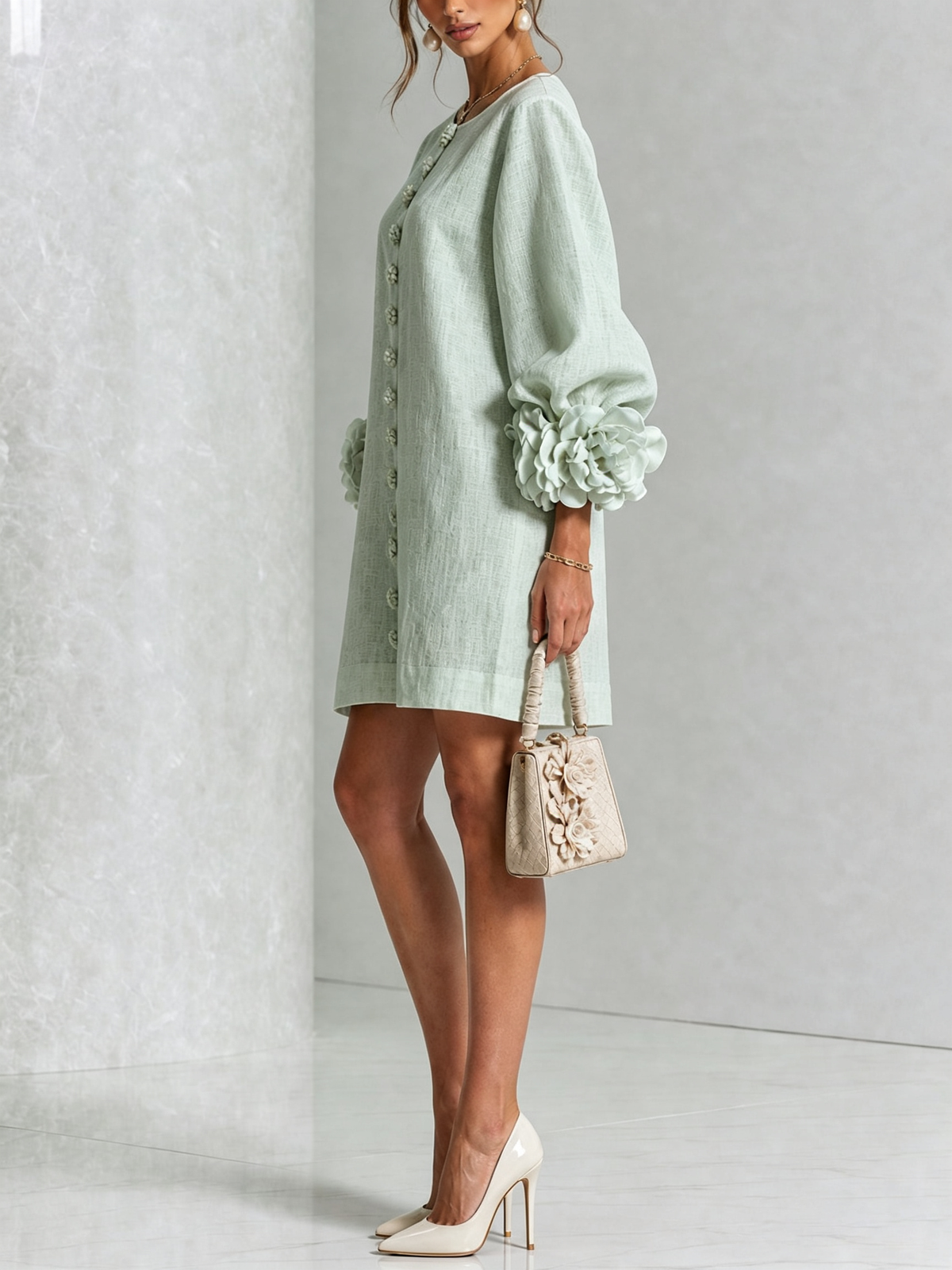 Delia | Vestido Mini de Lino con Puños de Rosas, Verde Salvia