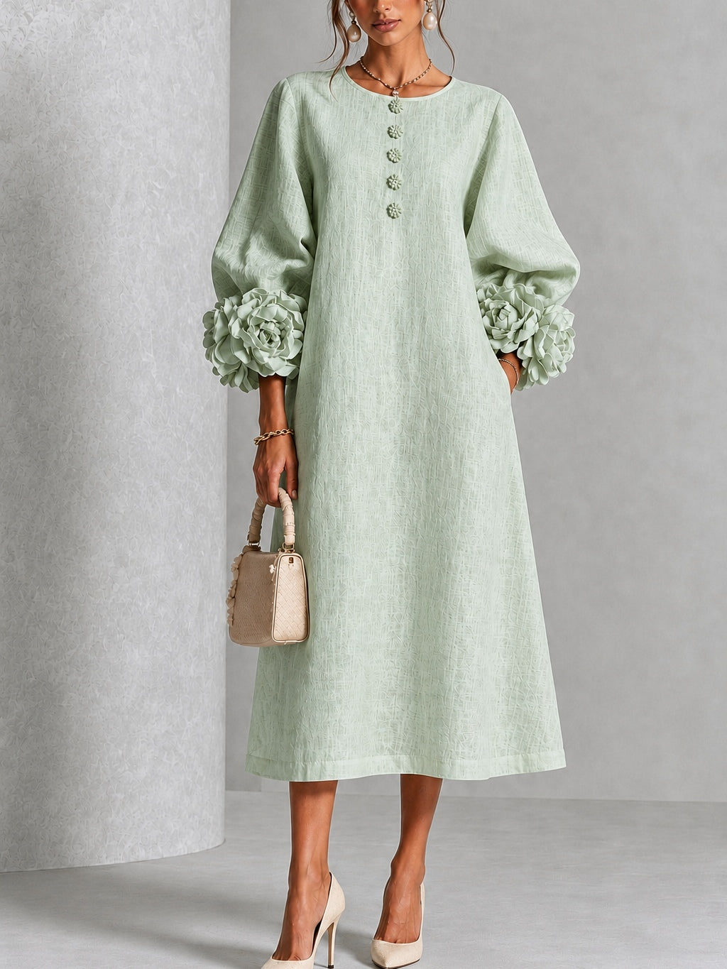 Vestido Midi Floral con Botones y Mangas Extravagantes