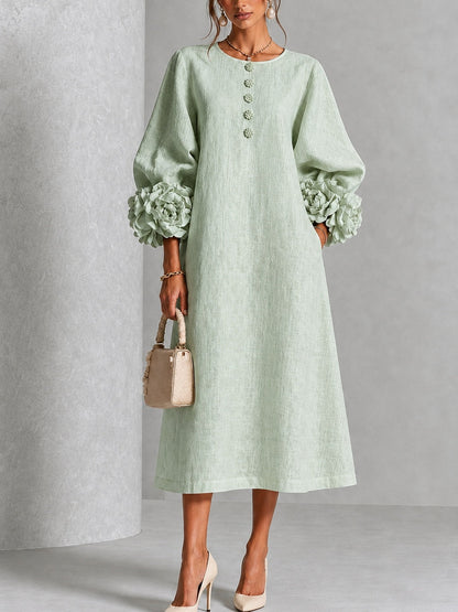 Vestido Midi Floral con Botones y Mangas Extravagantes