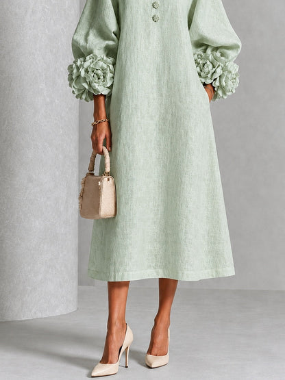 Vestido Midi Floral con Botones y Mangas Extravagantes