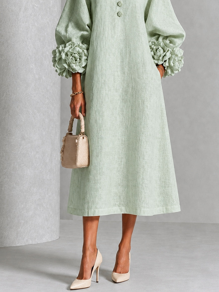 Vestido Midi Floral con Botones y Mangas Extravagantes