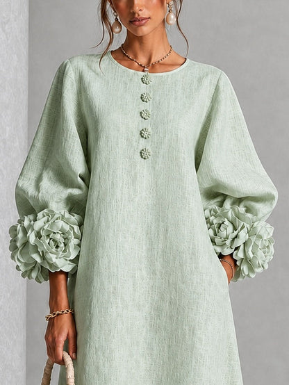 Vestido Midi Floral con Botones y Mangas Extravagantes