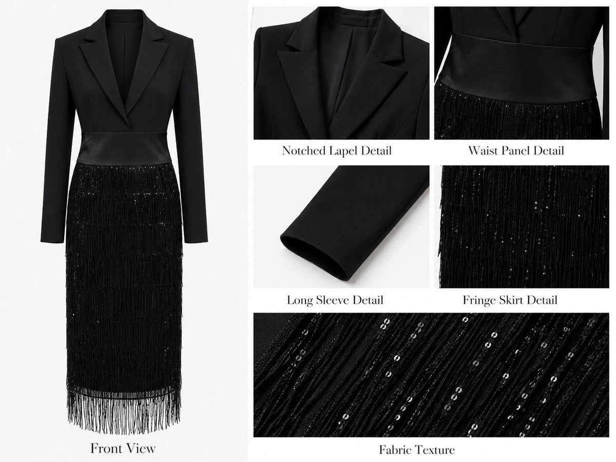 Loredana | Vestido midi estilo blazer con escote en V, lentejuelas y flecos