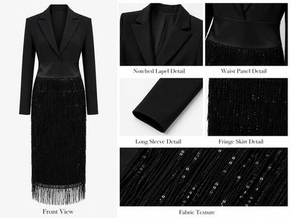 Loredana | Vestido midi estilo blazer con escote en V, lentejuelas y flecos