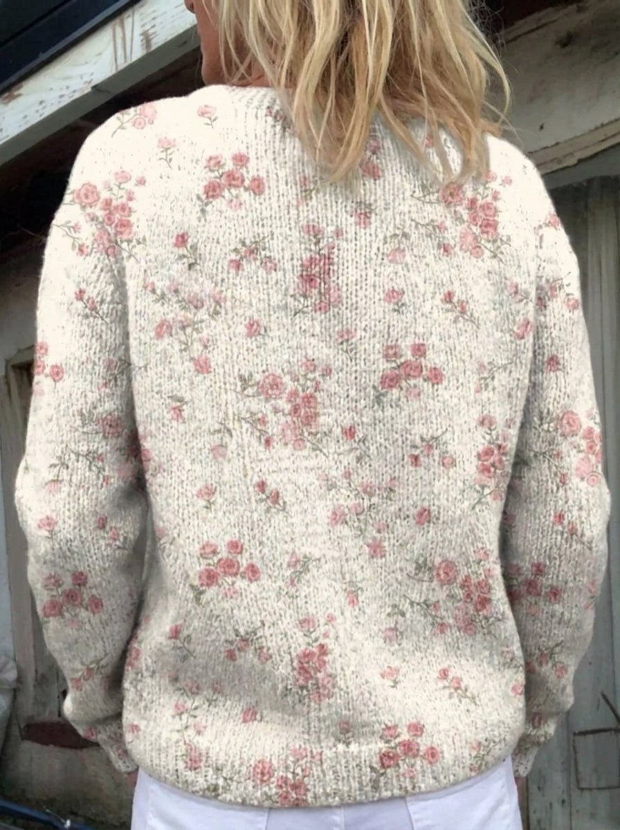 Evanthea | Cárdigan de Punto Vintage, Rosas sobre Crema
