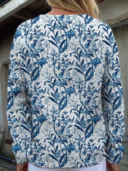 Tiverly | Cárdigan de Punto Vintage, Pájaros y Flores en Azul y Blanco