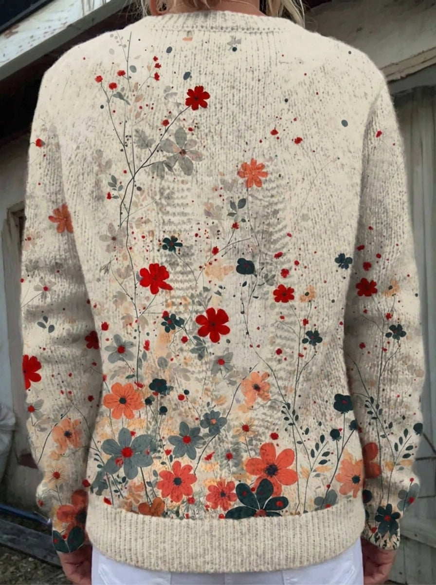 Sabrina | Cárdigan de Punto Vintage, Floral Rojo y Coral