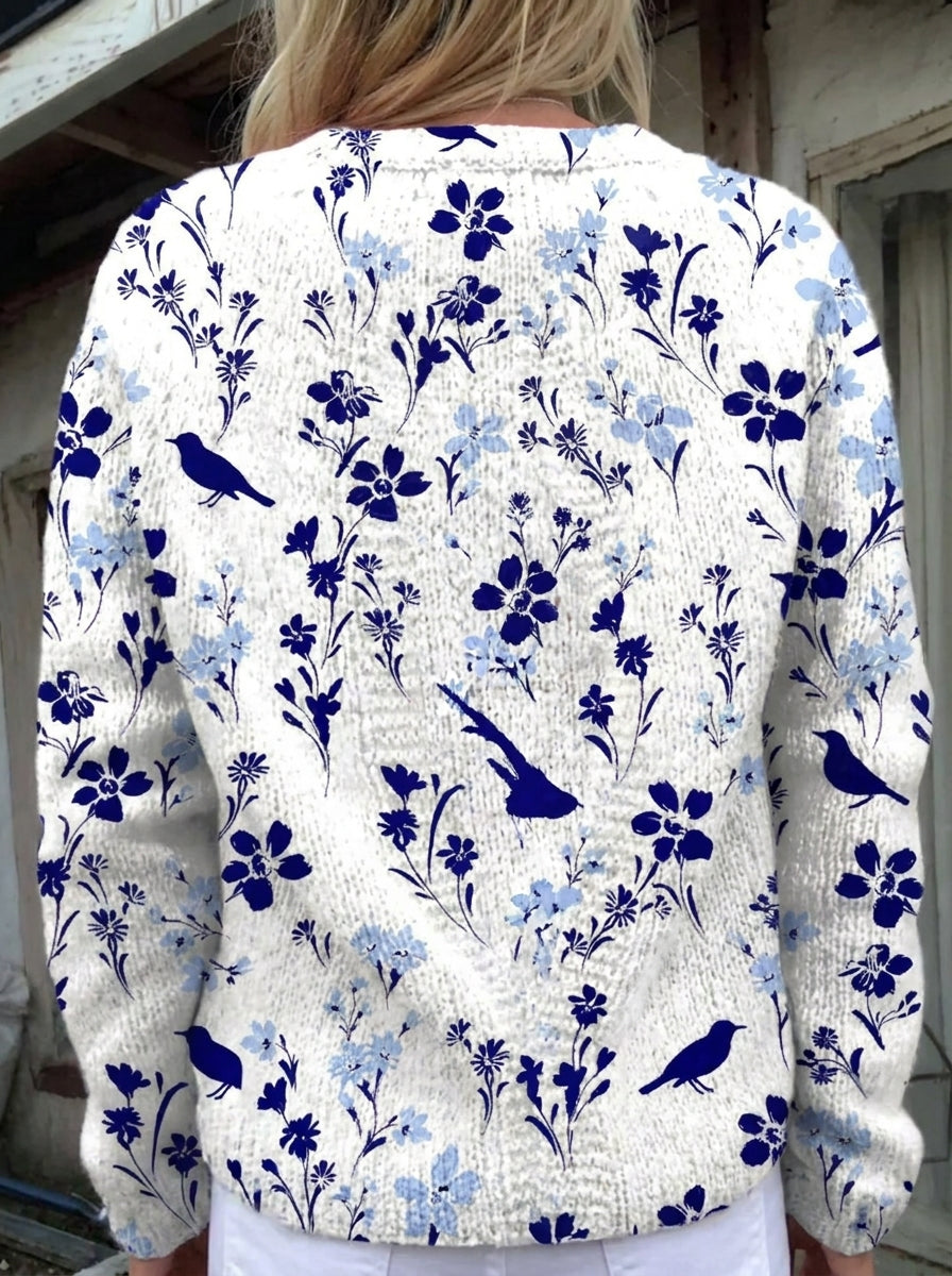 Vynora | Cárdigan de Punto Vintage, Pájaros y Flores en Azul Marino