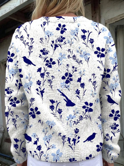 Vynora | Cárdigan de Punto Vintage, Pájaros y Flores en Azul Marino