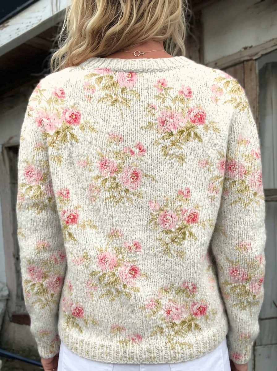 Kerensa | Cárdigan de Punto Vintage, Floral Rosa sobre Crudo