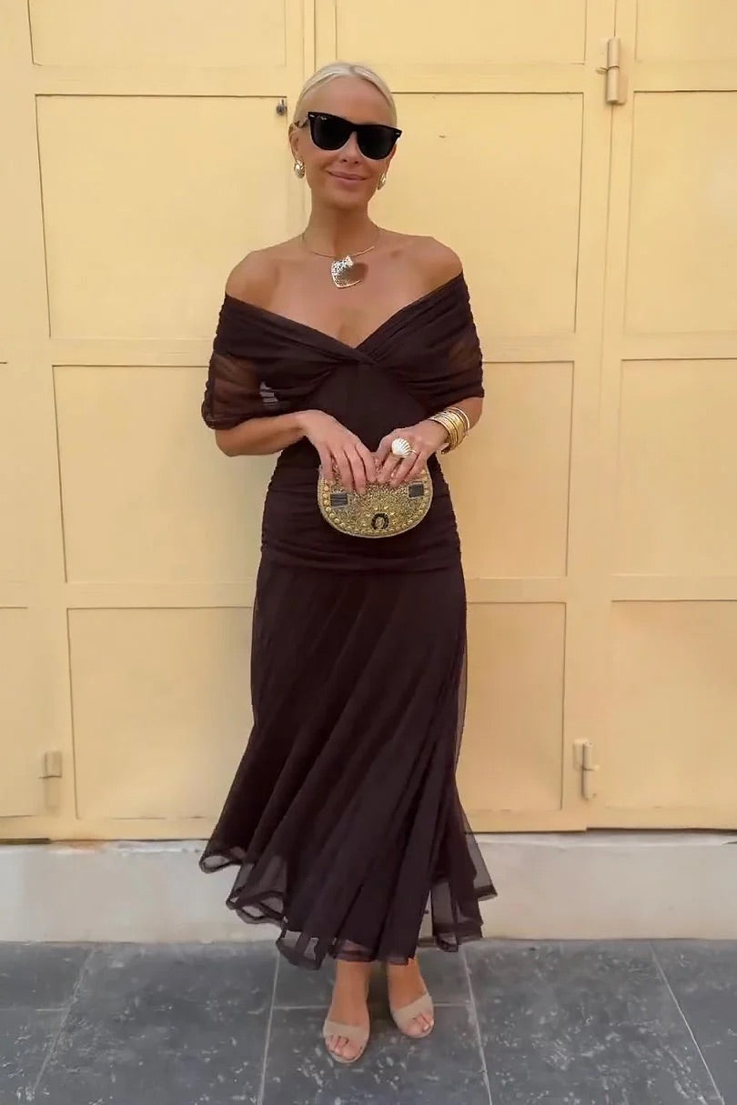 Norma | Vestido de Gasa con Hombros Caídos, Marrón Terracota