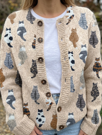 Charlotte | Cárdigan de Punto Vintage, Estampado de Gatos, Beige