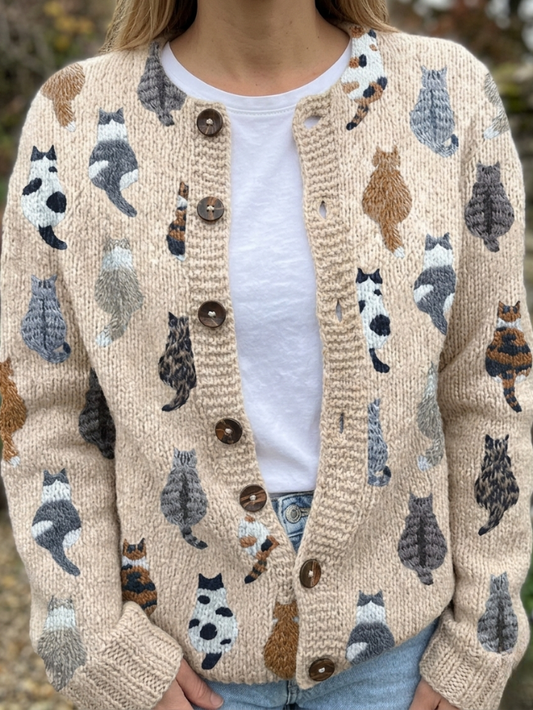 Charlotte | Cárdigan de Punto Vintage, Estampado de Gatos, Beige