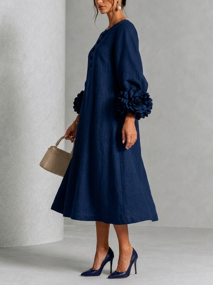 Vestido Midi Azul Navy con Botones de Flores y Mangas Florales Extravagantes